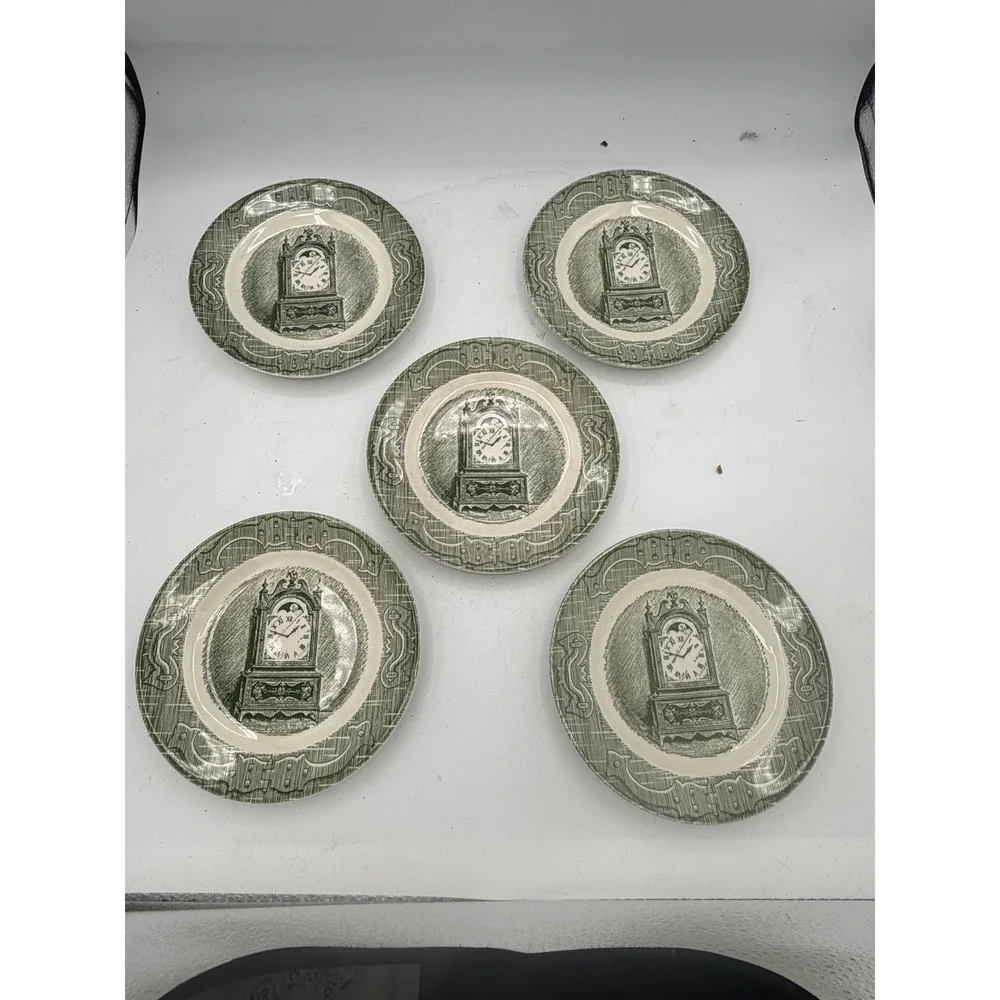 Vintage Royal China The Old Curiosity Shop Green Clock Bread Plates Set of 5
